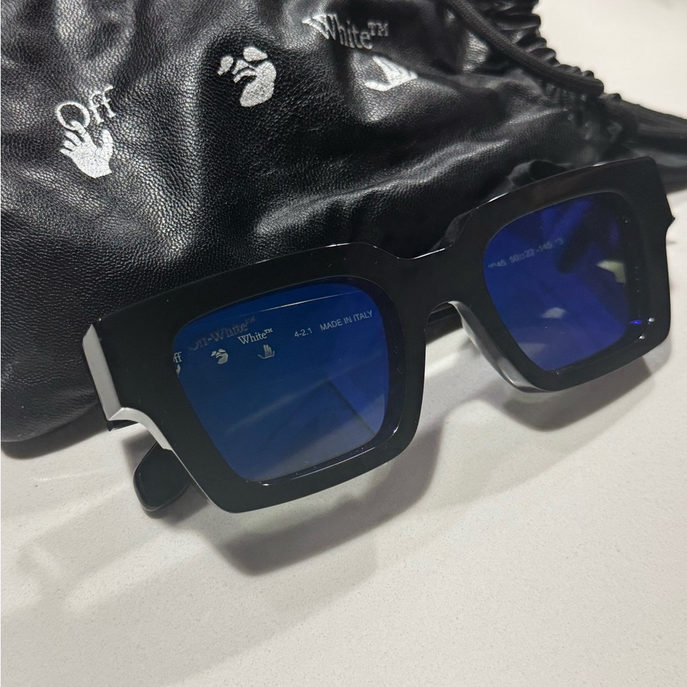 Off-White Black Frame Sunglasses with Blue Lenses